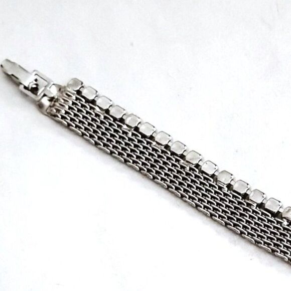 1950s Vintage Rhinestone and Mesh Bracelet and Earring Set, Silver Tone Metal - Picture 7 of 7